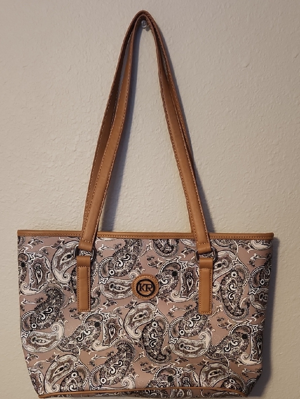 Kim Rogers Beige Paisley Tote with Tan Trim